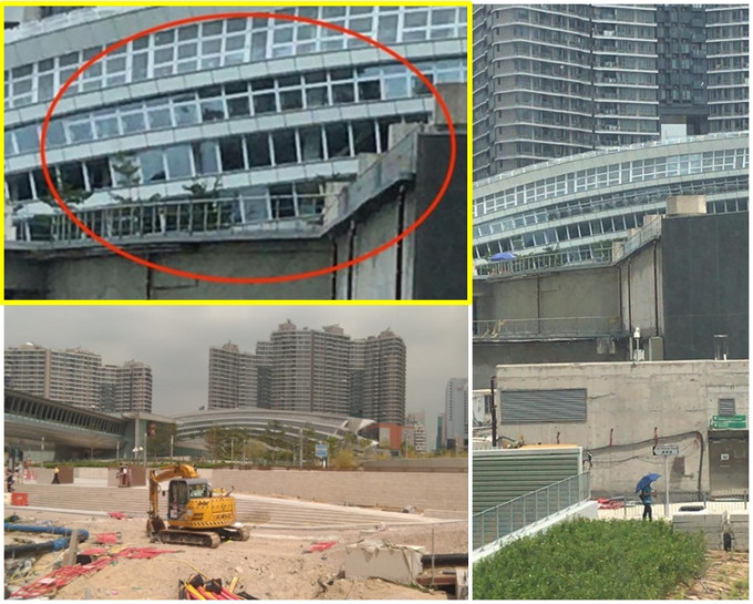 鄭貼出新圖(右及左下)證明西九龍站天幕玻璃無礙。左上圖(黃框)為當日質疑爆玻璃的圖片。