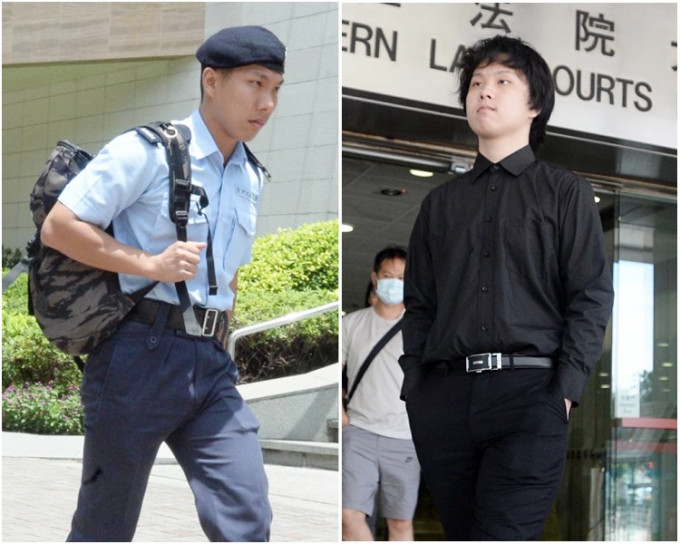 圖右，劉康穿黑恤衫黑長褲到庭聆訊。圖左為警員證人蘇子恆。