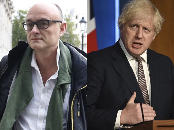 英国首相约翰逊的前心腹幕僚甘明斯（左）指，约翰逊（右）经常承认，自己能够出任首相是一件很可笑的事。AP资料图片