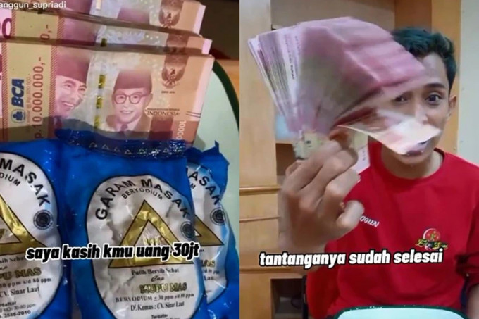 為1.6萬獎金，印尼網紅拍下猛吞4包鹽的影片。（網圖）