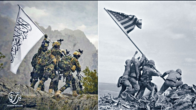 ■塔利班插軍旗(左圖)被指模仿美軍二戰時在硫磺島插美國旗。