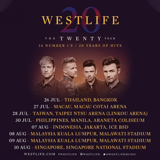 Westlife将于7月27日在澳门举行演唱会，翌日（28日）再转到台湾开骚。Westlife IG