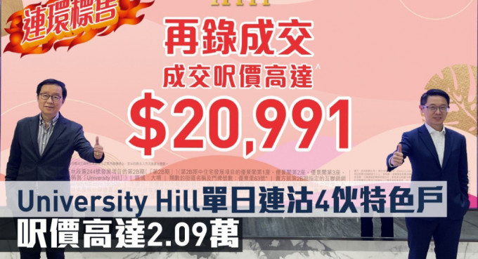 University Hill 2B期單日標售4伙特色戶，成交呎價高達2.09萬。