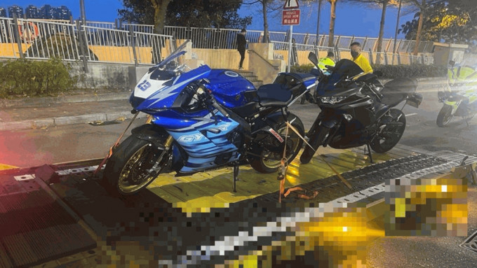 5輛電單車涉嫌進行非法改裝，已被拖往大欖涌車輛檢驗中心作進一步檢驗。警方提供