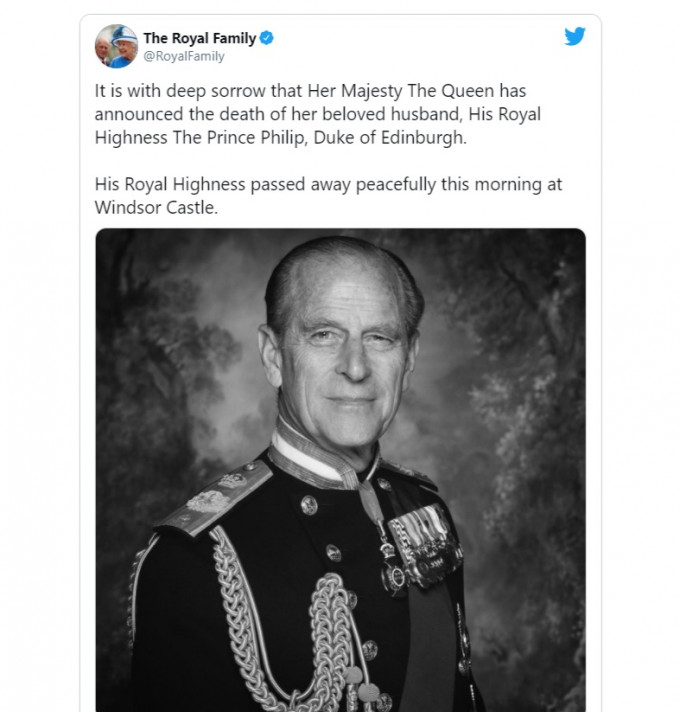 白金汉宫宣布菲腊亲王逝世。网上截图