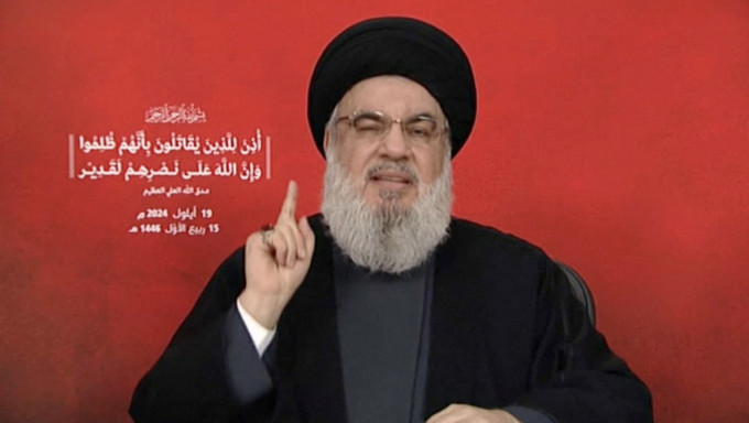 真主党（Hezbollah）领袖纳斯鲁拉（Hassan Nasrallah）周四发表电视讲话。 路透社