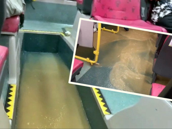 黃泥水從落客車門湧入車廂，浸滿下層通道形成河道。影片截圖