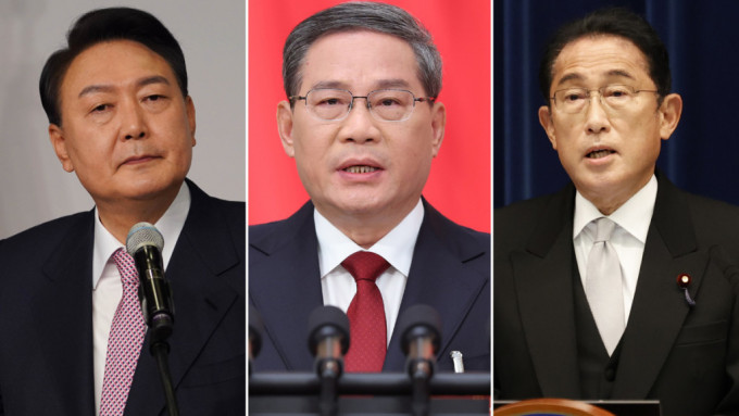 日媒报道，中日韩三国峰会将于5月26、27日在韩国首尔举行。（左起：尹锡悦、李强、岸田文雄）（新华社）