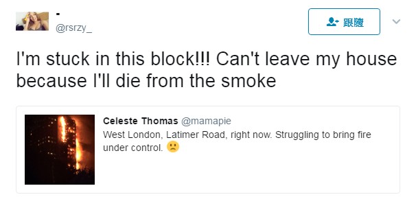 有被困居民Twitter求救：我被困大廈會吸入濃煙而死。Twitter圖片