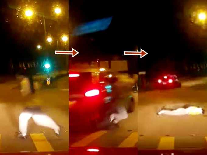 秀茂坪女子冲出马路，遭的士撞飞重摔倒地。影片截图