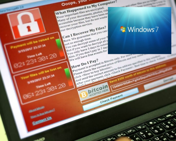 「WannaCry」中招者七成用「Windows 7」。網上圖片