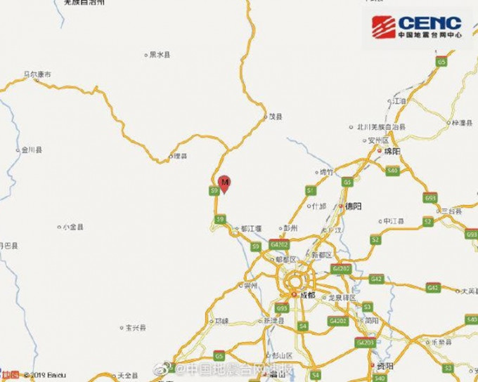地震發生在阿壩州汶川縣。圖:國家地震台網