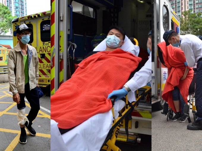 8名乘客受伤分乘3辆救护车送院。林思明摄