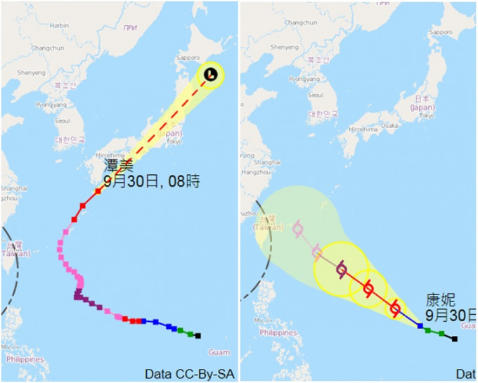 圖左，「潭美」今天橫過日本。圖右，「康妮」大致移向台灣以東海域。