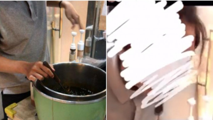 台灣一名飲品店男店員將珍珠吐回電飯鍋中。「爆料公社」截圖