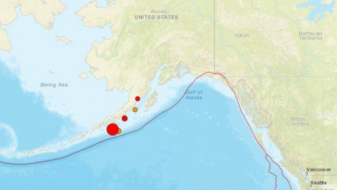 美国阿拉斯加外海发生7.2级地震。图：美国地质调查局（USGS）网站