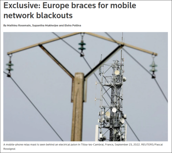 路透社报道指，欧洲或面临移动网络中断危机。