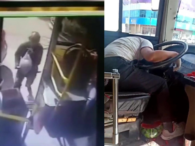 涉事乘客拿着一个大西瓜跑上巴士（左图），将巴士司机打晕，西瓜一地都是（右图）。（网图）