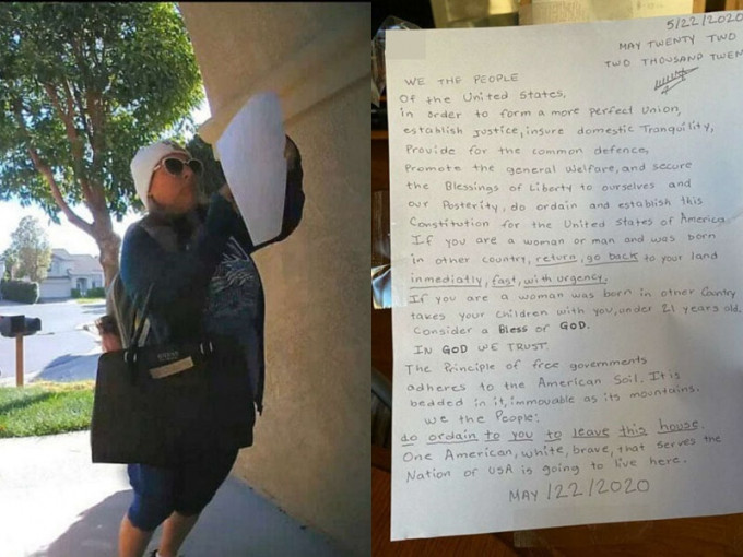 女子在多個住宅外張貼針對亞裔美國人的字條。網圖