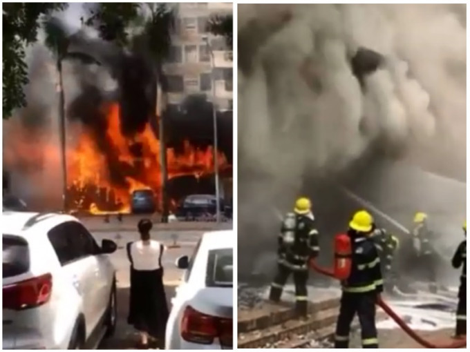 深圳龙岗一间汽车修理店发生大火，未知是否造成人员伤亡。影片截图