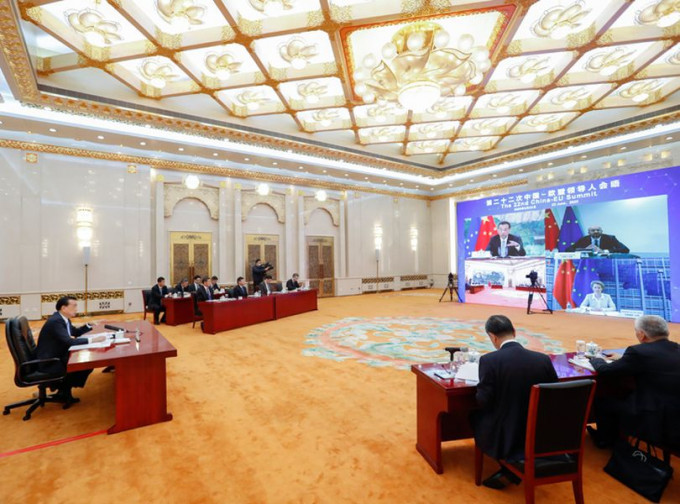 中國及歐盟領導人進行會晤。中國政府網圖片