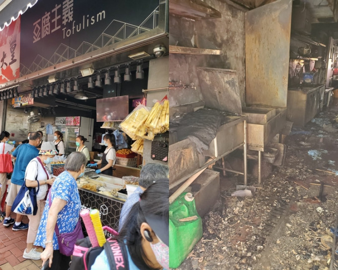 涉事的豆腐食品店(左)；火警后，店内一片凌乱(右)。 蔡楚辉摄