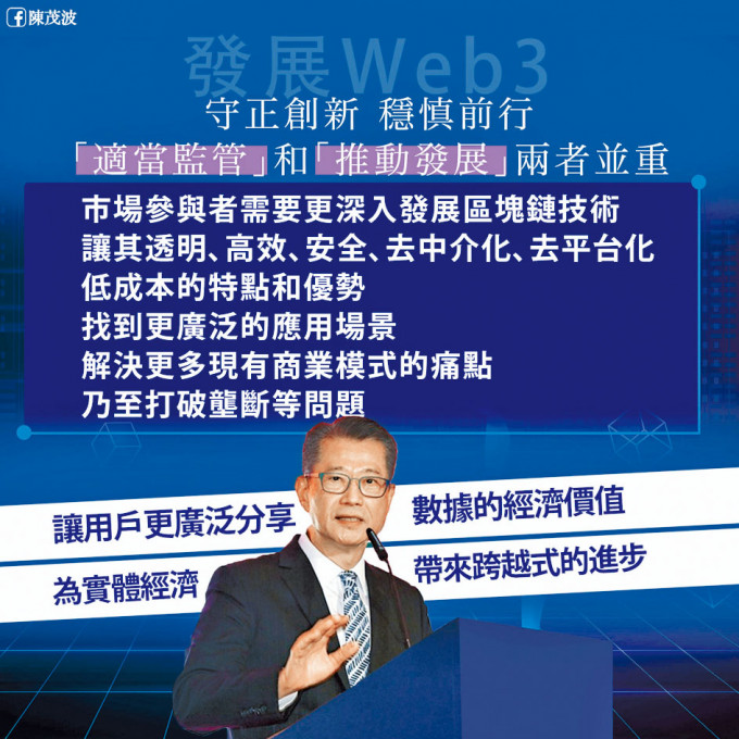 陳茂波在網誌提及「發展Web3.0，守正創新穩慎前行」。