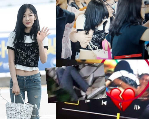 泰妍被接机的粉丝、警卫及工作人员包围，结果险象环生，泪洒机场。（网图）