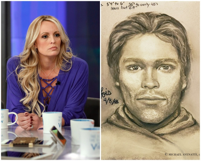 丹尼爾斯(左)公開曾對她作出威脅的男子(右)的繪圖。AP