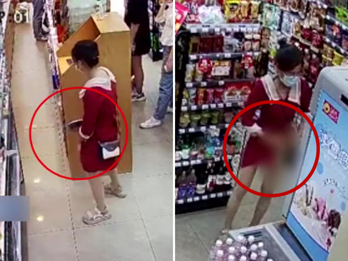 女子超市盜竊將商品塞入裙底。（影片截圖）