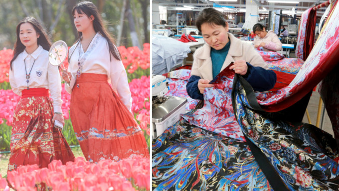 山东菏泽市的曹县是中国主要的汉服生产基地。随着马面裙的爆火，迎来了一场「泼天的富贵」。(中新社)