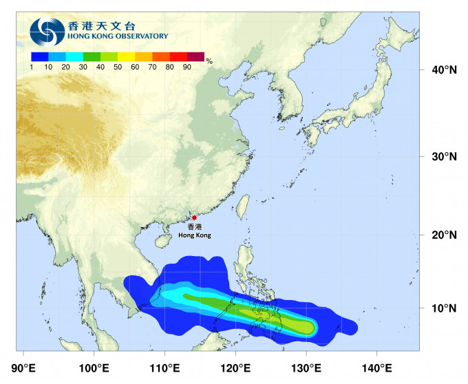 熱帶低氣壓有3成機會進入南海南部。熱帶氣旋路徑概率預報