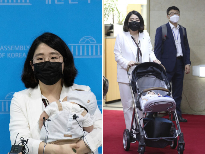 南韩女议员龙慧仁抱2个月大儿子进入国会上班。