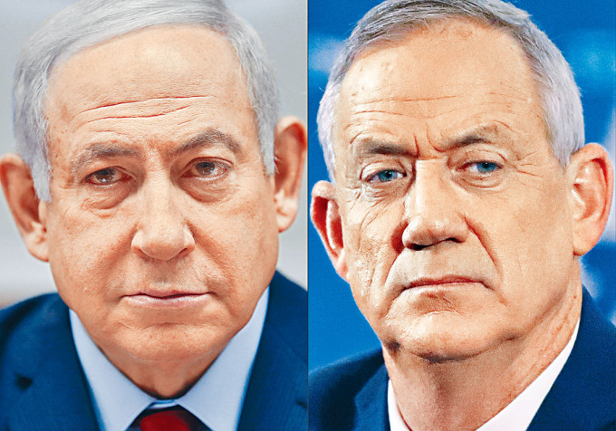 以色列總理內塔尼亞胡（左）與藍白黨領袖甘茨。