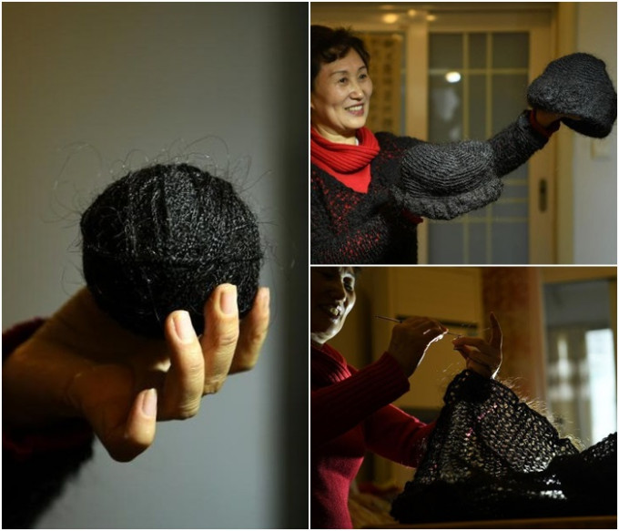 妇人展示用用自己头发编织的绳，两顶帽子。