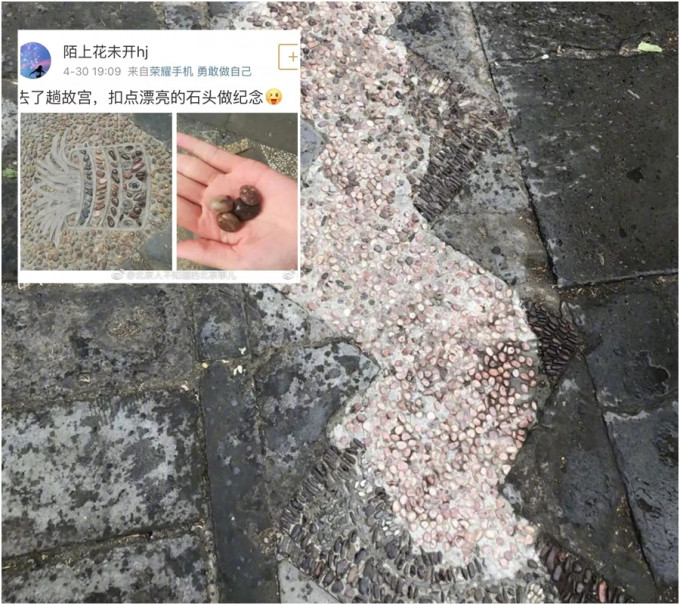 遊客北京故宮御花園挖走石頭留念捱轟 。網上圖片
