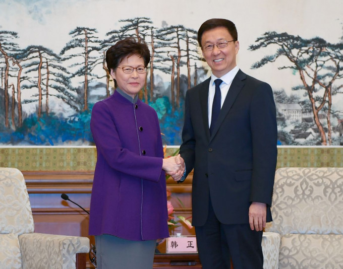 國務院副總理韓正在北京釣魚台國賓館會見林鄭月娥。新華社