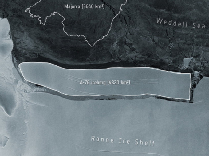 全球最大冰山从南极脱离，面积约为4320平方公里。欧洲太空总署图片