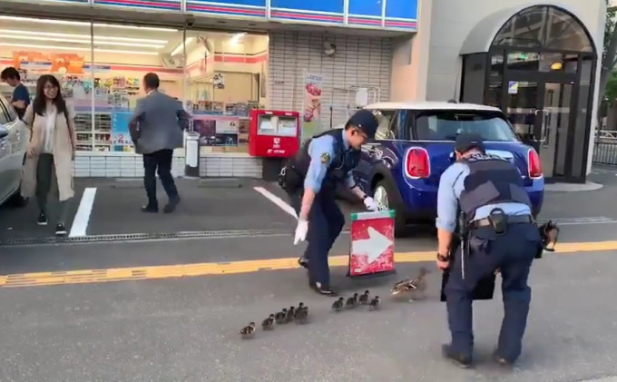 两名日本交通警细心地为「鸭仔团」护航。影片截图