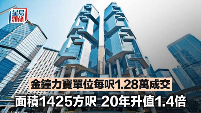 金钟力宝单位每尺1.28万成交 面积1425方尺 20年升值1.4倍