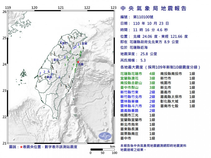 台湾花莲近海发生5.3级地震。台湾气象局图片