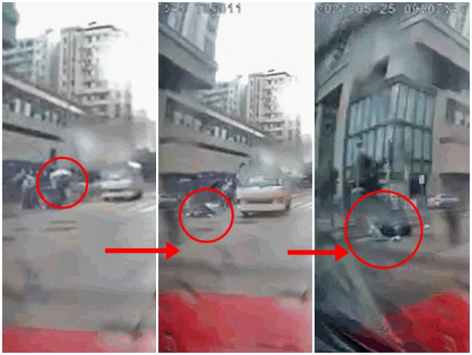 深水埗一辆红色小巴怀疑冲红灯，撞倒一名正在过马路的途人。影片截图
