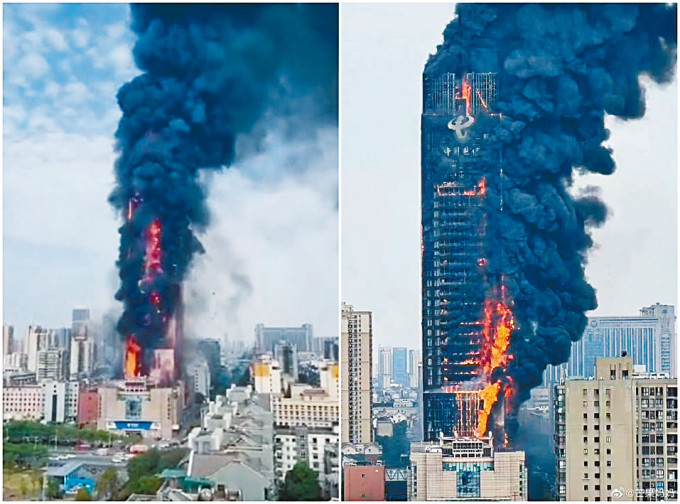 長沙「中國電信」大樓起火，數十層樓體劇烈燃燒。