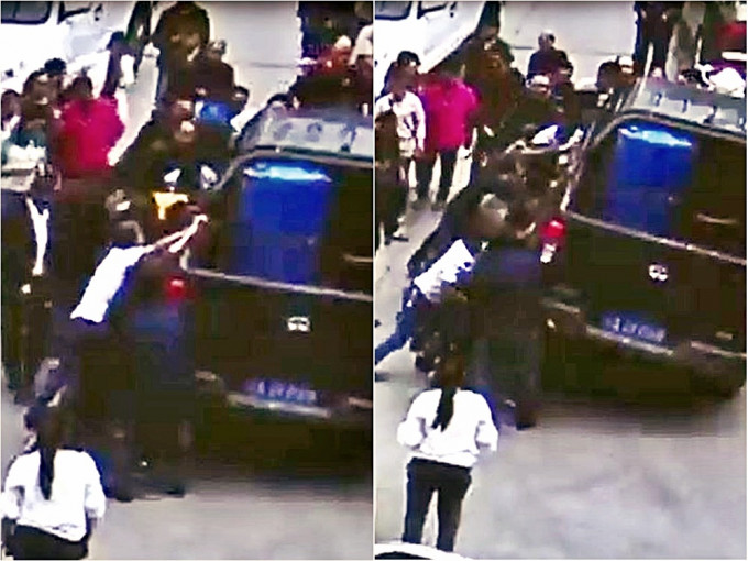 重慶一名女子被捲入車底，十幾名途人合力抬起車輛救出女子。影片截圖