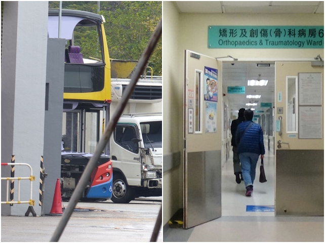 亲人到医院探望情况危殆的女伤者。肇事的城巴被拖到位于九龙湾的汽车扣留中心（图左）。