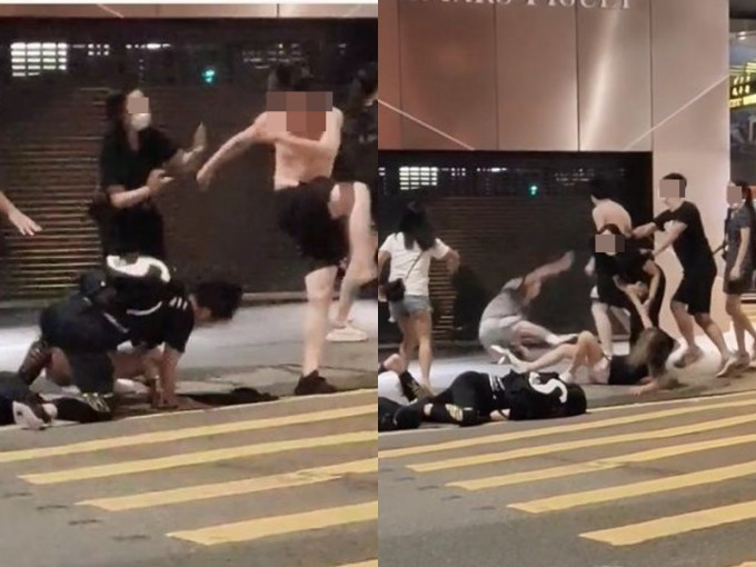 8人在中环街头打斗。网上影片截图