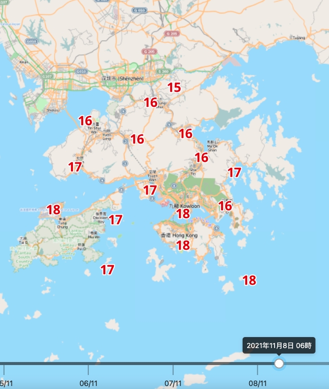 星期一早上6時氣溫更低見僅15度；上水、流浮山、石崗、大埔、沙田、將軍澳氣溫只有16度。天文台