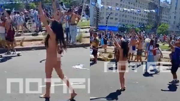 阿根廷一名黑髮神祕女子全裸參加遊行，露出雪乳、私密部位盡情熱舞。（截圖自NOTIFE）