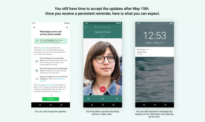 WhatsApp提醒私隱政策月中實施後，無接受的用戶仍然可以使用。網上截圖