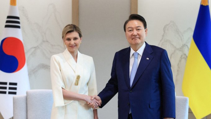 烏克蘭總統夫人歐倫娜‧澤倫斯基（Olena Zelenska）今日與尹錫悅會面。(路透社)
